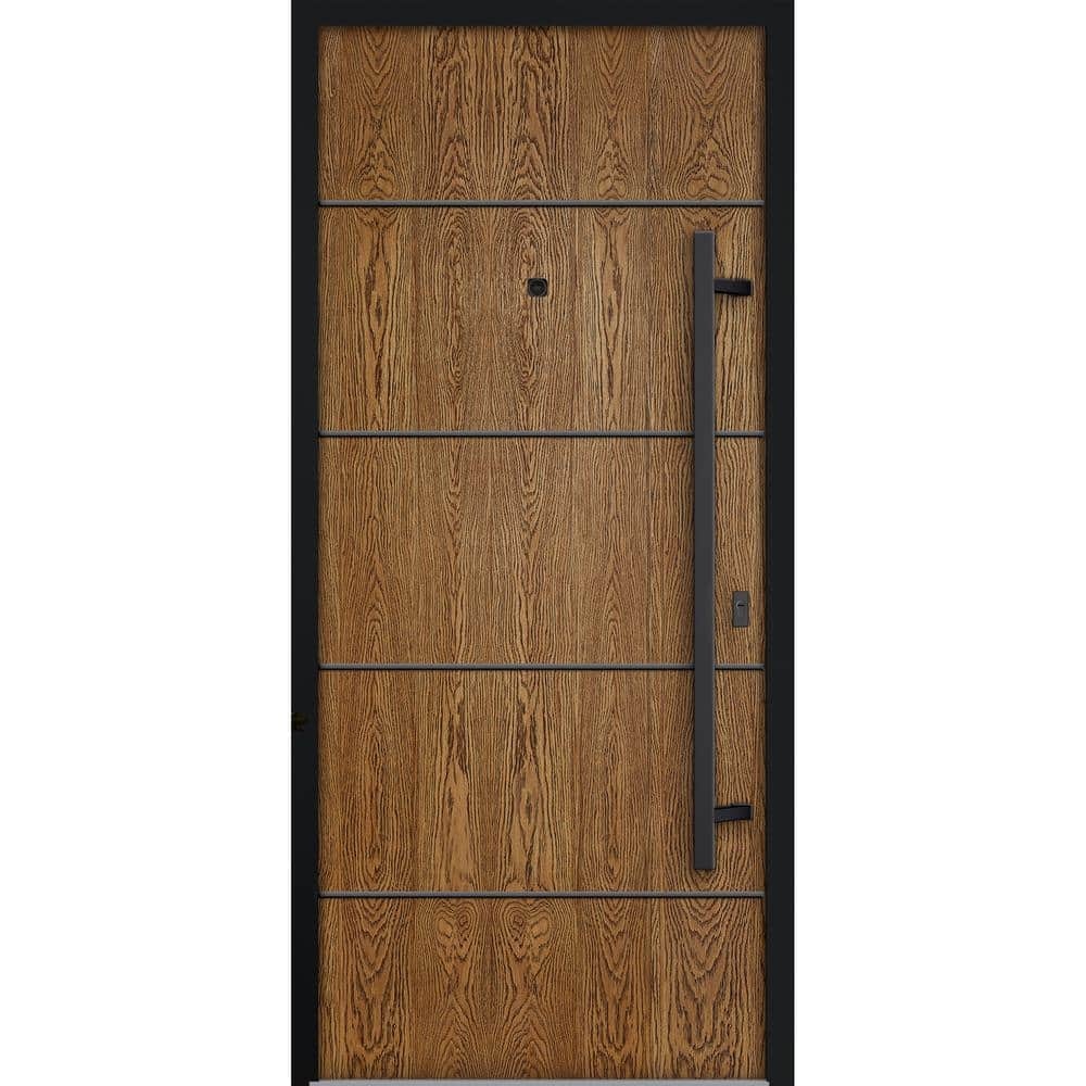 Front Exterior Prehung Steel Door / Deux 6678 Natural Oak / 2 Side and Top Exterior Window Sidelite / Entry Metal Modern Painted W12+36+12  X H80+16  