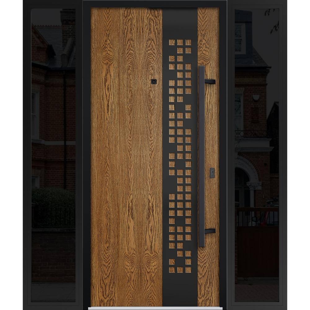 Front Exterior Prehung Steel Door / Deux 6678 Natural Oak / Side and Top Exterior Window Sidelite / Entry Metal Modern Painted W36+16  X H80+16  Right