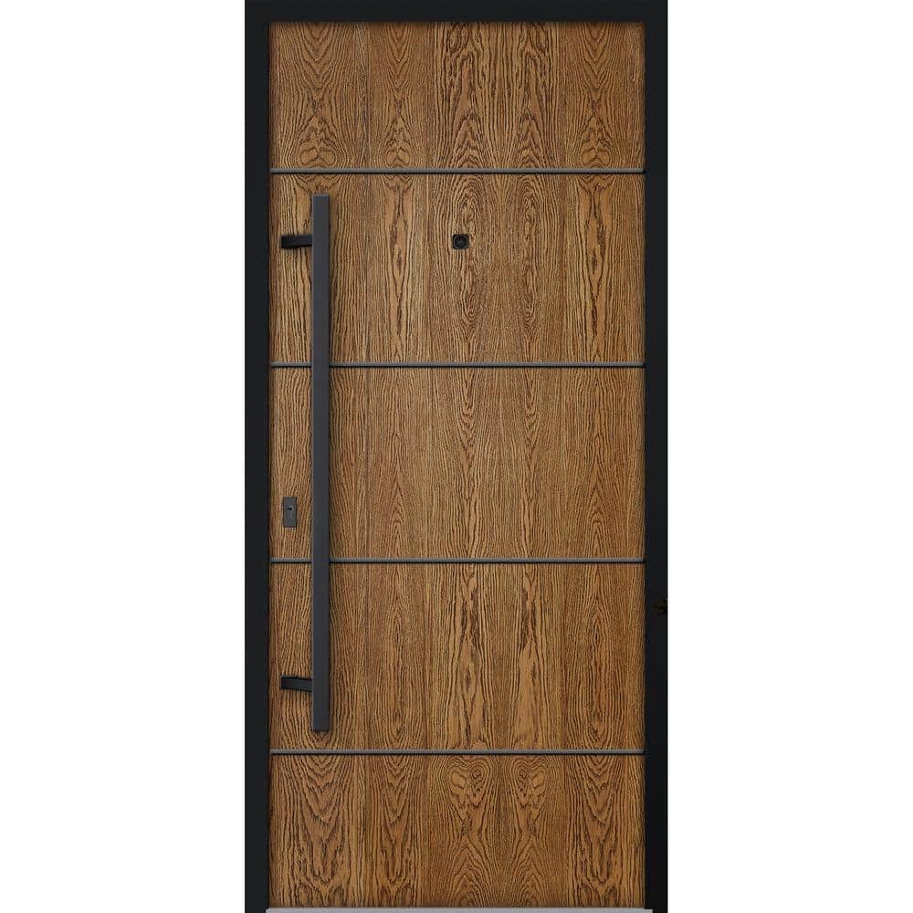 Front Exterior Prehung Steel Door / Deux 6678 Natural Oak / 2 Side and Top Exterior Window Sidelite / Entry Metal Modern Painted W14+36+14  X H80+16  