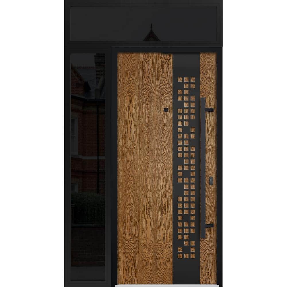 Front Exterior Prehung Steel Door / Deux 6678 Natural Oak / Side Exterior Window Sidelite / Entry Metal Modern Painted W36+14  X H80  Right Hand Inswi