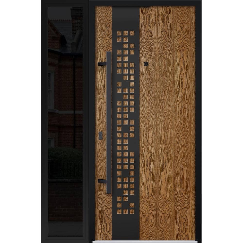 Front Exterior Prehung Steel Door / Deux 6678 Natural Oak / Top Exterior Window Sidelite / Entry Metal Modern Painted W36  X H80+16  Left Hand Inswing