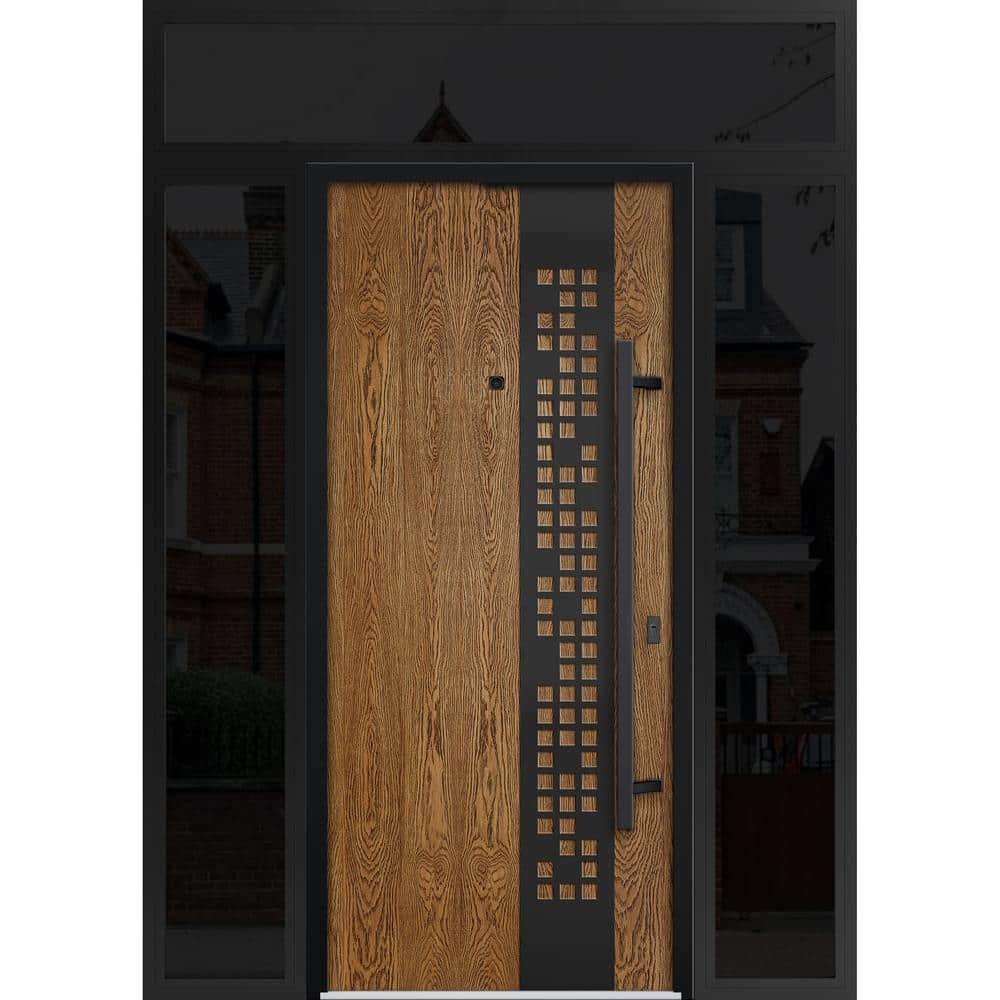 Front Exterior Prehung Steel Door / Deux 6678 Natural Oak / 2 Side Exterior Windows Sidelites/ Entry Metal Modern Painted W16+36+16  X H80  Right Hand