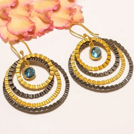 Blue Topaz Gold & Black Rhodium Plated Handmade Earring Jewelry 2.56  JJER-5104  Beautiful Jewelry for Woman  New Year Sale  Valentin S Day Gift