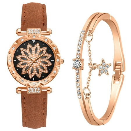 GWAABD Women S Wrist Watches Bangle Watch and Bracelet Set Elegant Ladies Leather Strap Square Dial Diamond Star Quartz Wristwatch Coffee One Size