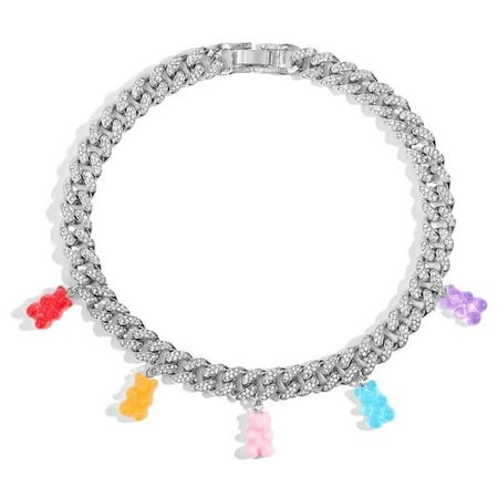 Hip Hop Fashion Iced Out Gummy Bear Cuban Chain Necklace for Women Colorful Crystal Bear Cuban Link Necklace Choker Jewelry Gift