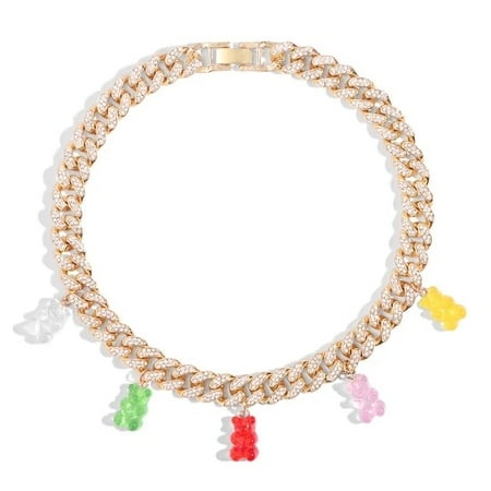 Hip Hop Fashion Iced Out Gummy Bear Cuban Chain Necklace for Women Colorful Crystal Bear Cuban Link Necklace Choker Jewelry Gift