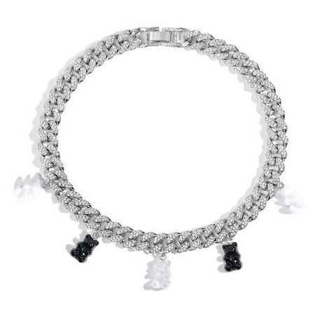 Hip Hop Fashion Iced Out Gummy Bear Cuban Chain Necklace for Women Colorful Crystal Bear Cuban Link Necklace Choker Jewelry Gift