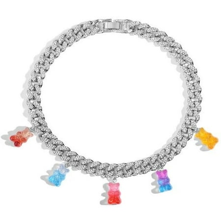 Hip Hop Fashion Iced Out Gummy Bear Cuban Chain Necklace for Women Colorful Crystal Bear Cuban Link Necklace Choker Jewelry Gift
