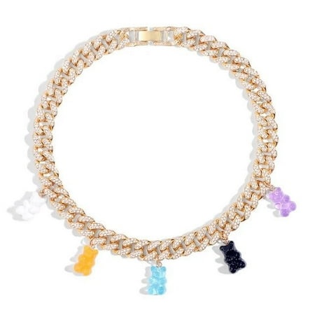 Hip Hop Fashion Iced Out Gummy Bear Cuban Chain Necklace for Women Colorful Crystal Bear Cuban Link Necklace Choker Jewelry Gift