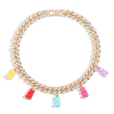 Hip Hop Fashion Iced Out Gummy Bear Cuban Chain Necklace for Women Colorful Crystal Bear Cuban Link Necklace Choker Jewelry Gift