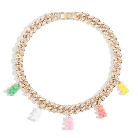 Hip Hop Fashion Iced Out Gummy Bear Cuban Chain Necklace for Women Colorful Crystal Bear Cuban Link Necklace Choker Jewelry Gift