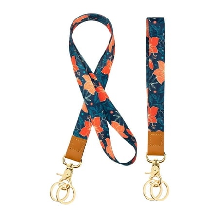 EIALIVE Aesthetic Korean Fresh Polyester Needle Leaf Printed Wrist Rope with Key Ring Colorful Flower Card Sleeve Lanyard Hangs Decor One Size