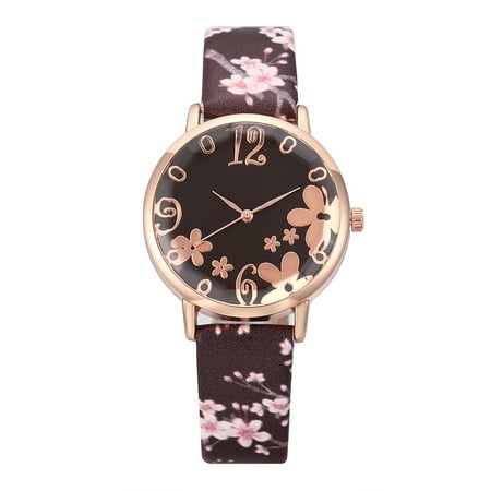 GWAABD Women Watch Leather Strap Wristwatch Easy to Read Quartz Watch Flowers Printed Elegant Bracelet Watch Purple One Size