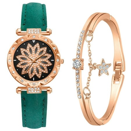 GWAABD Women S Watches Bangle Watch and Bracelet Set Elegant Ladies Leather Strap Square Dial Diamond Star Quartz Wristwatch Green One Size