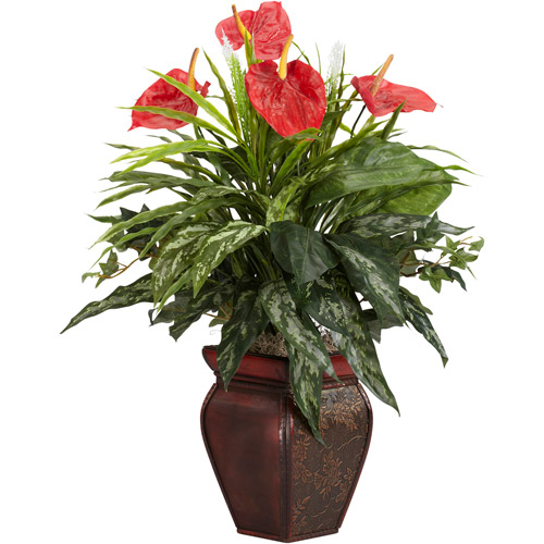 Nearly Natural Mixed Greens and Anthurium Silk Artificial Plant with Decorative Vase- 26