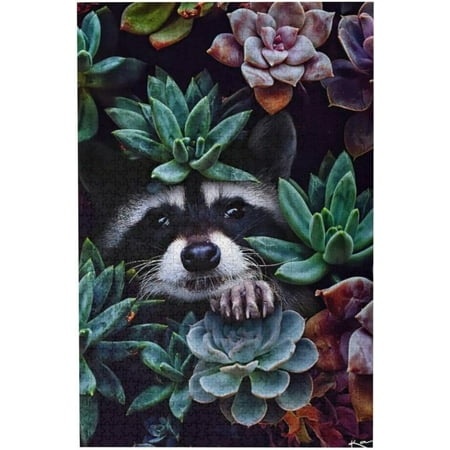 Jigsaw Puzzles 1000 Pieces for Adults Raccoons Flower Bush Animal Wooden Picture Puzzle Puzzles for Youth Children Home Decor Funny Game Best Gift Pre