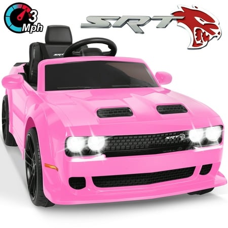 Dodge Challenger SRT Kids Ride on Car Wisairt 12 V Battery Powered Electric Vehicle W/ Remote Control Bluetooth LED Lights(Pink)