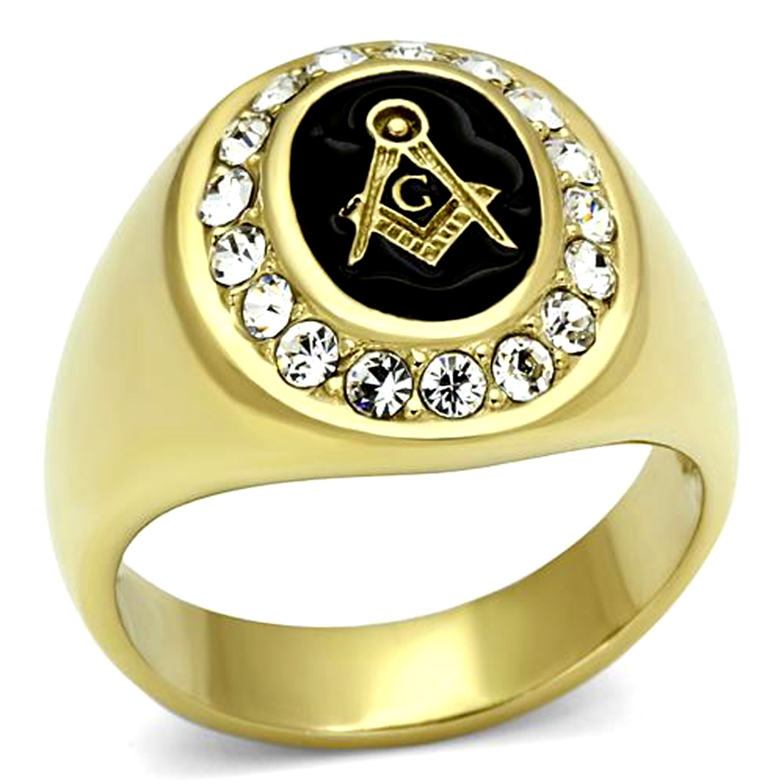 Masonic IP Gold Stainless Steel Freemason Oval Face Multi Crystal Ring  Size 11