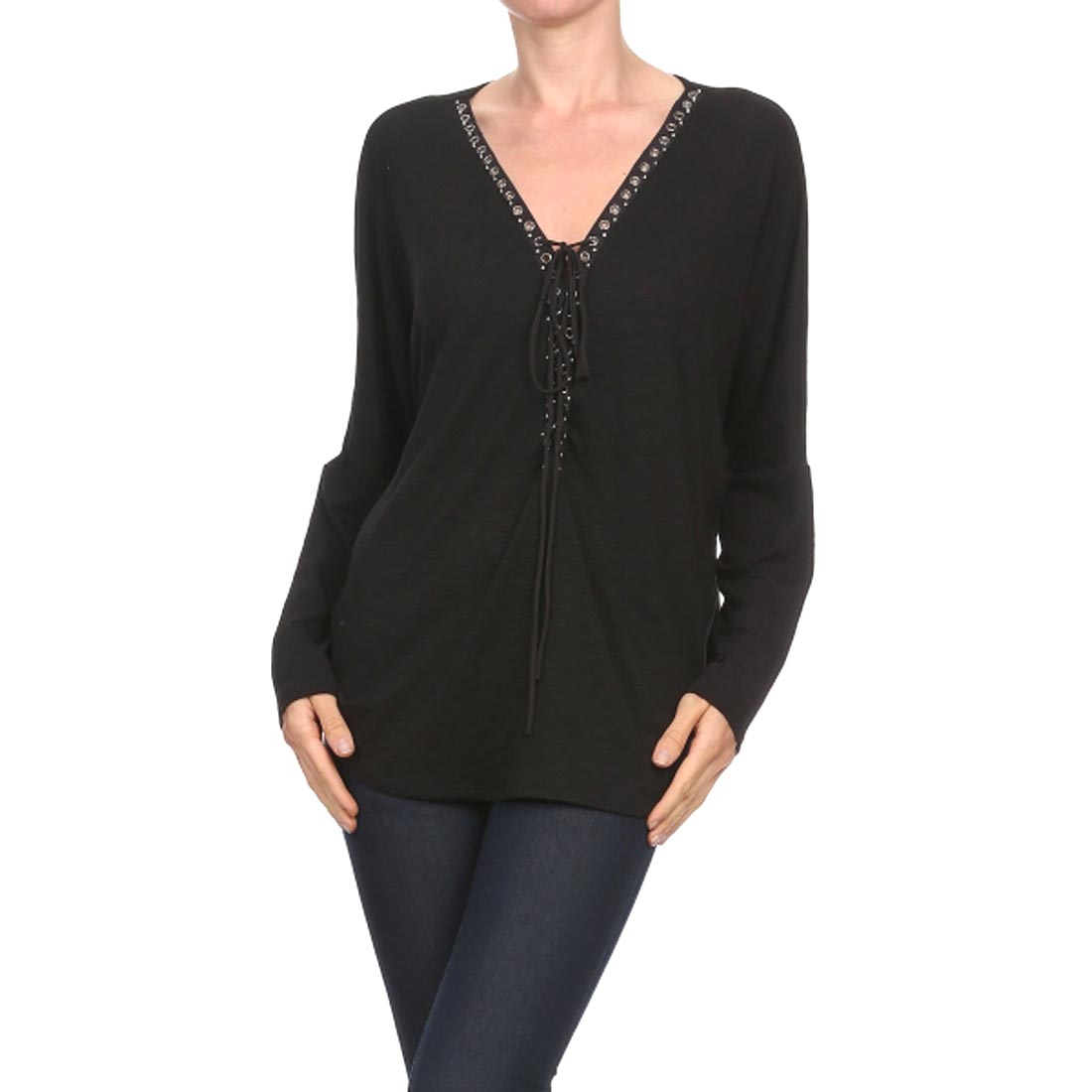 Solid Black Long Sleeve Slub Knit V-neck Top with Front Lace-up Detail  Medium