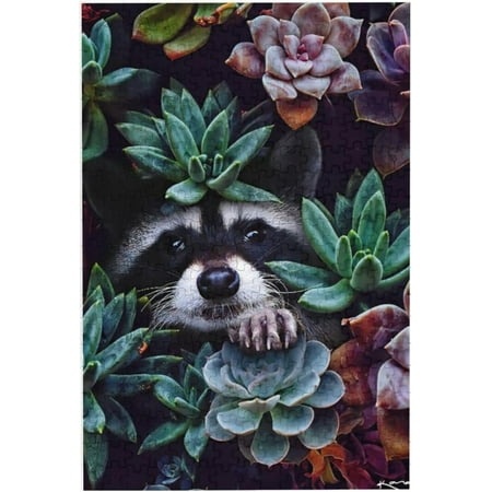 Jigsaw Puzzles 1000 Pieces for Adults Raccoons Flower Bush Animal Wooden Picture Puzzle Puzzles for Youth Children Home Decor Funny Game Best Gift Pre