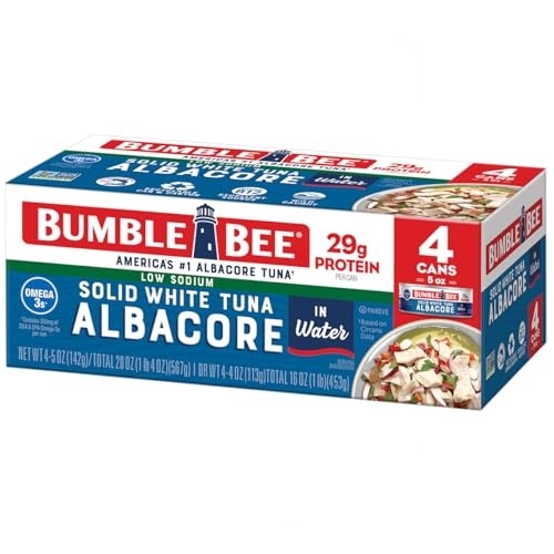 Bumble Bee Low Sodium Solid White Albacore Tuna in Water, 5 Oz Can (Pack of 4) - Wild Caught Tuna - 29g Protein per Serving - Non-GMO, Gluten Free, Ko