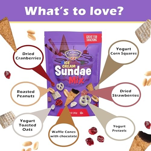 Platinum - Ice Cream Sundae Mix 10 Oz | Trail Mix of Nuts and Dried Fruit with Chocolate Waffle Cones, Yogurt Pretzels, Oats, Cranberries, Peanuts thumbnail