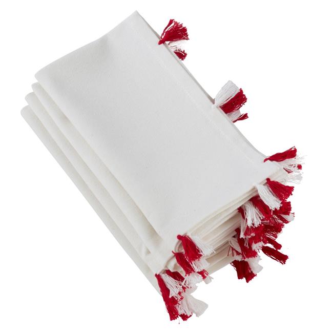 SARO 2313.W20S 100 Percent Cotton Napkins with Red  White Tassel Design  White - Set of 4 (326722)