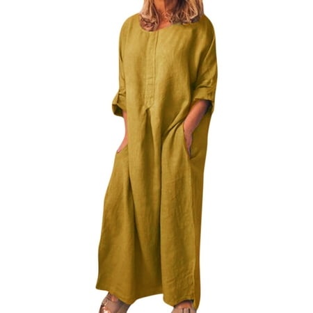GWAABD Brunch Dress Women Casual Long Sleeve Solid O-Neck Summer Cotton Maxi Dress with Pockets