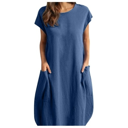 Casual Dress for Women Summer Loose Loose Pocket O-Neckline Solid Sleeve Short Dresses