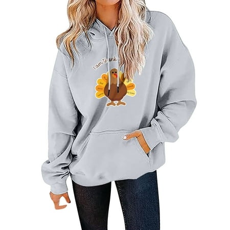 GWAABD Women S Hoodies Loose Fit Pullover Solid Color Hoodie Turkey Letter Graphic Print Long Sleeve Sweatshirt Drawstring Hooded Tops with Pocket Gre
