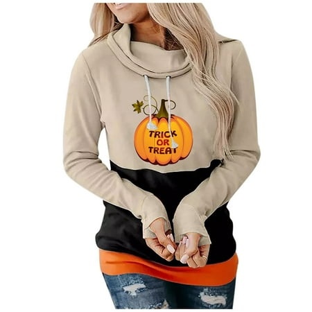 GWAABD Trendy Sweatshirts for Women Long Sleeved Oversized Pullover Color Block Patchwork Hoodie Pumpkin Print Casual Loose Fit Tops with Thumb Hole S