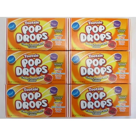 Tootsie Pop Drops Chewy Tootsie Roll Center: Chocolate  Cherry  Blue Raspberry  Orange  Grape Naturally & Artificially Flavored - 6 Pack of 3.5 Oz Box