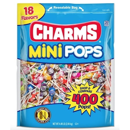 Tootsie Roll Charms Mini Pops - 4.5 Lb Bag of Individually Wrapped Fruity Hard Candy Lollipops in 18 Fun Flavors - Peanut and Gluten Free  400 Count