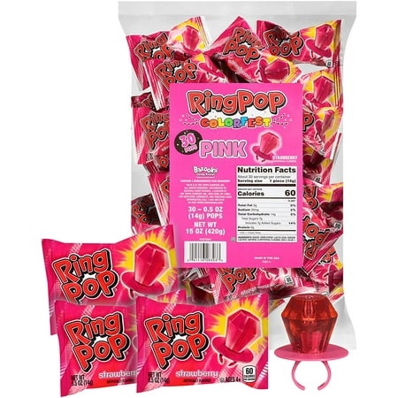 Ring Pop Individually Wrapped Pink Strawberry 30 Count Bulk Lollipop Easter Pack – Strawberry Flavored Lollipop Suckers - Fun Easter Candy for Easte