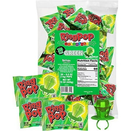 Ring Pop Colorfest Green Watermelon Holiday Candy - 30 Count Bulk Lollipop Pack - Individually Wrapped Lollipop Suckers - Candy for Party Favors  Gree