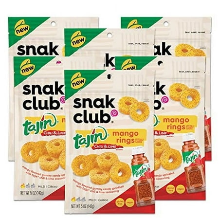 Snak Club Tajin Mango Rings  Chili & Lime Sweet and Spicy Gummy Snacks  Mild in Heat Bold in Flavor  Vegan Gluten-Free Snack  5oz Resealable Bag  6 Co