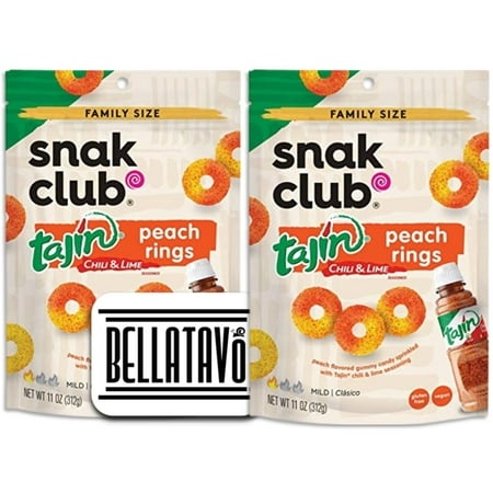 Snak Club Tajin Gummy SE33 Rings Bundle. Includes Two-11 Oz Bags of Snak Club Tajin Gummy Rings (Peach) Comes with a BELLATAVO Fridge Magnet!