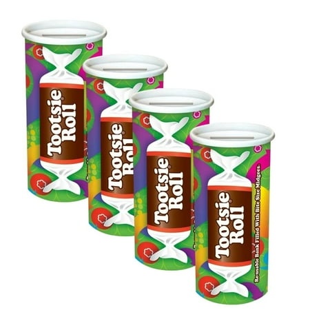 Tootsie Roll Fun Bank  Re-Usable Bank Filled with Bite Size Midgees 4 Oz. - (4 Pack)