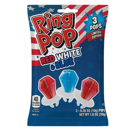 Ring Pop Patriotic Candy Party Pack - Red  White & Blue  Cherry and Blue Raspberry Lollipops  3 Count Bag