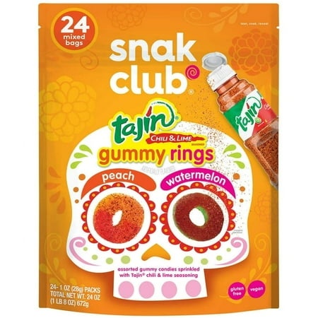 Snak Club Gummy Rings  Peach & Watermelon  Tajin Chile & Lime  1 Ounce 24Count  1.5lb