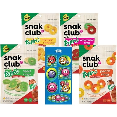 Snak Club Tajin Gummy SE33 Rings Variety  1 of Each Flavor: Mango  Watermelon  Apple  Peach  5 Oz Bag (Pack of 4) with by the Cup Stickers