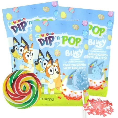 Bluey Dip N Pops  Lollipops with Popping Candy  Pack of 3  1.13 Ounces per Bag