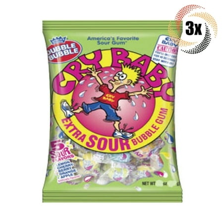 3x Bags Dubble Bubble Cry Baby Assorted Flavor Extra Sour Bubble Gum Candy - 4oz