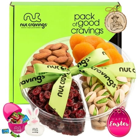 Nut Cravings Gourmet Collection - Easter Dried Fruit Nuts & Candies Gift Basket with Happy Easter Ribbon (4 Piece Assortment) Candy Filled Egg + Bunny