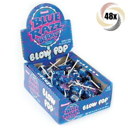 Full Box 48x Pops Charms Blue Razz Berry Blow Pop Gum Filled Lollipops - .65oz
