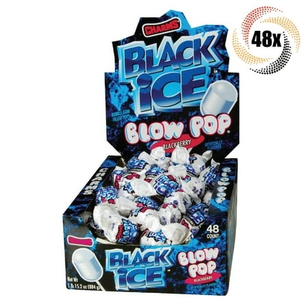 Full Box 48x Pops Charms Black Ice Blackberry Blow Gum Filled Lollipops - .65oz