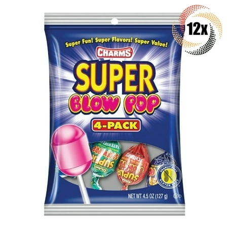 12x Bags Charms Assorted Flavors Super Blow Pops Lollipop Candy - 4 Pops per Bag