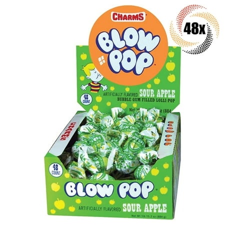 Full Box 48x Pops Charms Sour Apple Blow Pop Bubble Gum Filled Lollipops - .65oz