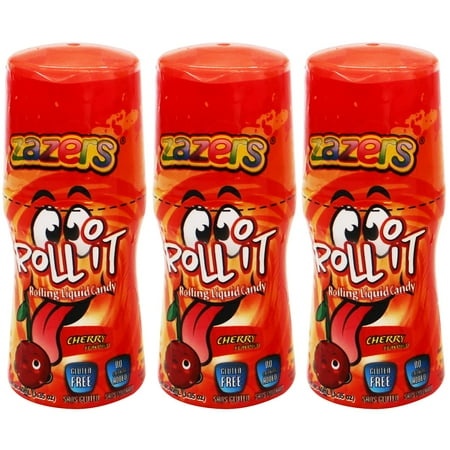 Zazers Sour Rolling Liquid Candy  Cherry Flavored Sour Candy - 3 Pack of Roll-It Bottles - Gluten-Free and No Coloring Added (Kosher 1.35 OZ. Each Bot