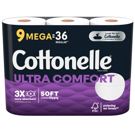 Cottonelle Ultra Comfort Toilet Paper  2-Ply  Strong Toilet Tissue  9 Mega Rolls (9 Mega Rolls = 36 Regular Rolls)  268 Sheets per Roll  Packaging May